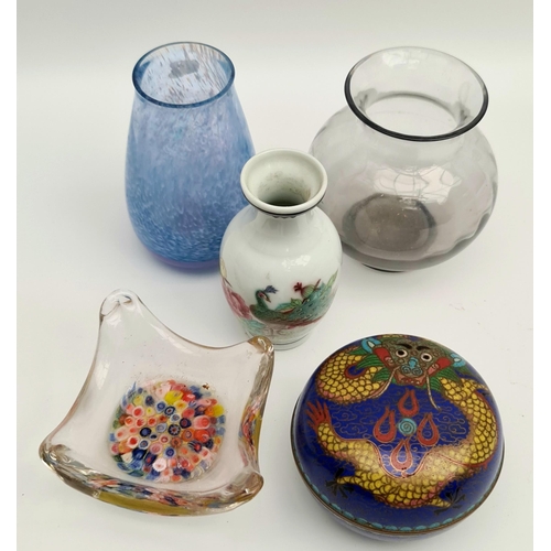 20 - Vintage Glassware and Ceramics. Includes Murano Style Millefiori Bowl Cloisonne Pot with Dragon Chas... 