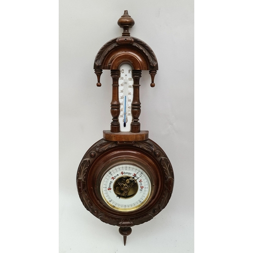 202 - Antiques German Lufft Dark Carved Wood Aneroid Barometer With Ceramic Thermometer Scale. Measures 19... 