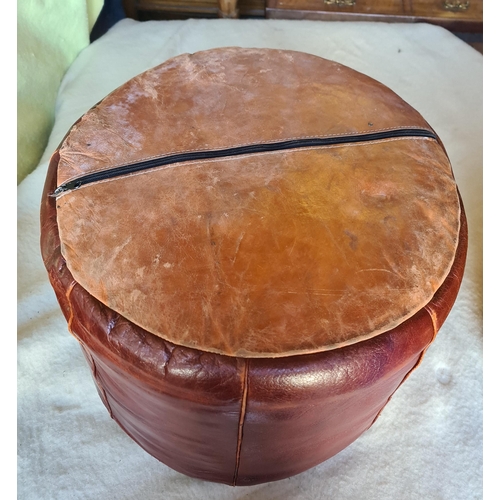 214 - Vintage Embossed Moroccan Leather Round Foot Stool. Measures 20 inches diameter by 15 inches tall.  ... 