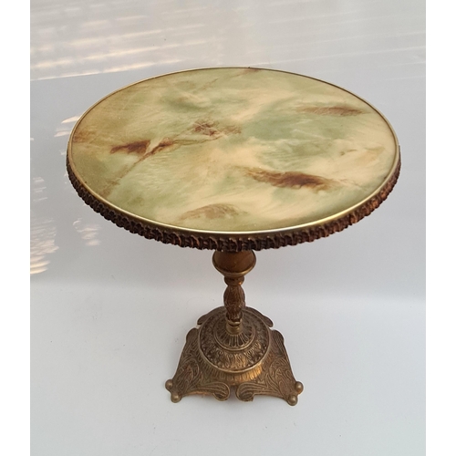 218 - Vintage French Style Green Onyx Circular Top Brass Wine or Side Table. Gilt Coloured Metalwork Frill... 