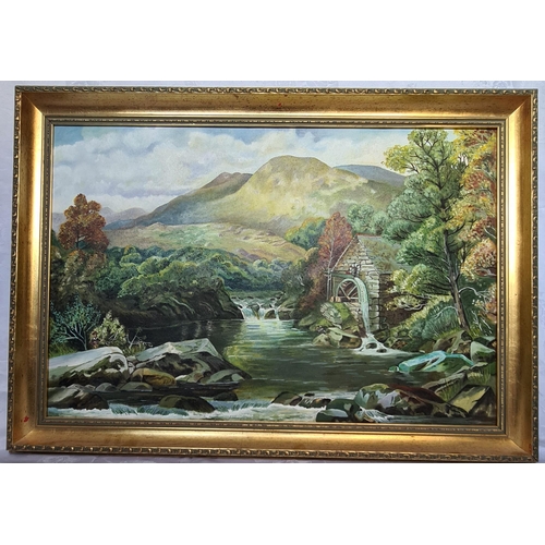 243 - Art Framed Oil on Painting on Canvas Rural Scene Waterfall and Watermill Signed Lower right A Smith.... 