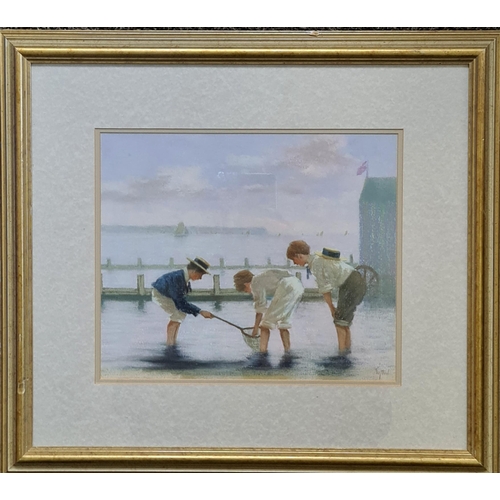 255 - Vintage Art Mixed Media Painting on Board Edwardian Children Playing  in Water. Signed James Tytler ... 