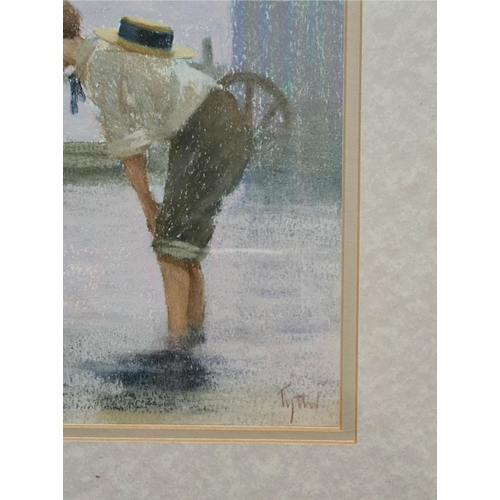 255 - Vintage Art Mixed Media Painting on Board Edwardian Children Playing  in Water. Signed James Tytler ... 