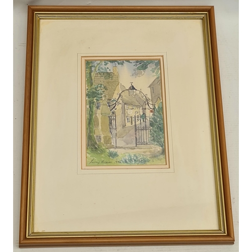 260 - Vintage Amateur Art Framed Watercolour Painting View Through A Gate. Signed Lower Left Lesley Holmes... 