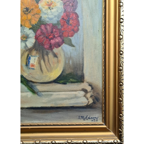 269 - Art Framed Mid Century Oil on Board Painting Stilll Lifec1971. Signed S.M. Adams lower right. Measur... 