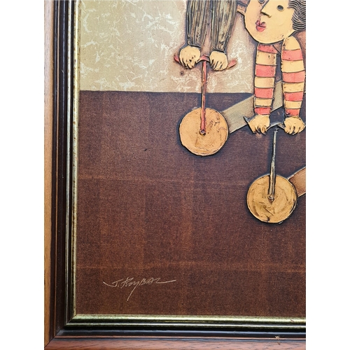 270 - Art Framed Mid Century Oil Cartoon on Canvas Painting of Children Playing on Scooters. Measures 61cm... 