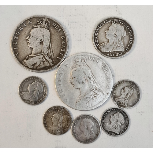 302 - Collectable Coins Parcel of 8 Victorian Silver Coins. Includes 1888 and 1892 Half Crowns, 1899 One S... 