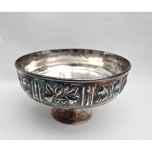 317 - Antique Silver Plated Taza Embossed With Fruit Pattern Around The Edge of The Bowl. Standing on One ... 