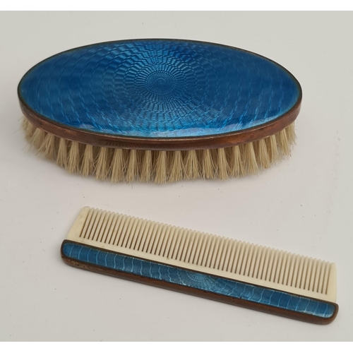 326 - Vintage Blue Engine Turned Enamel Childs Hair Brush and Comb. The hair brush measures 10cm long. Shi... 