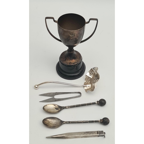 329 - Parcel of Plated Silver Includes Two Golf Spoons, a Propelling Pencil, a Cup, Another Spoon and Clip... 