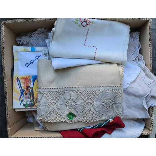 341 - Banana Box of Vintage Linen. Includes Irish Linen. Shipping is available. Please ask for a quote bef... 