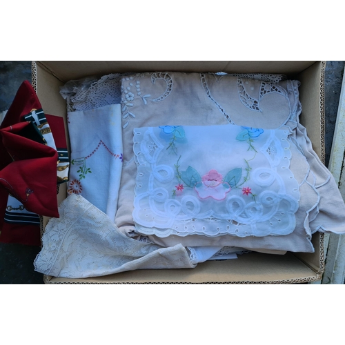 341 - Banana Box of Vintage Linen. Includes Irish Linen. Shipping is available. Please ask for a quote bef... 