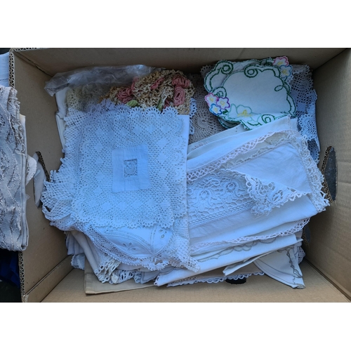 341 - Banana Box of Vintage Linen. Includes Irish Linen. Shipping is available. Please ask for a quote bef... 