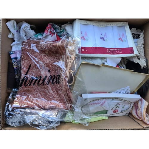 342 - Banana Box of Vintage Linen. Includes Scarves etc. Shipping is available. Please ask for a quote bef... 