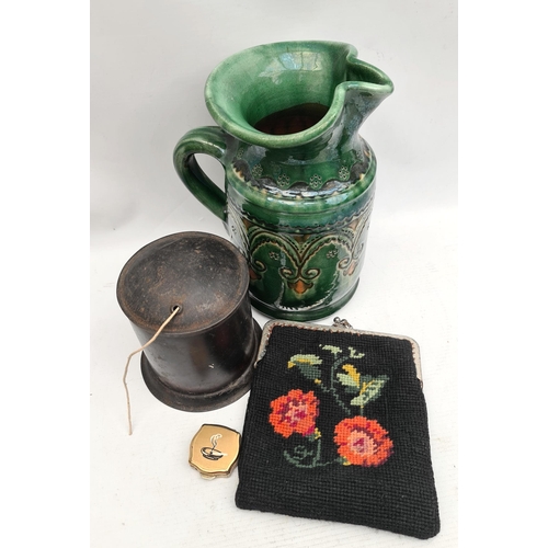 35 - Vintage Tito Ubeda Pottery Jug Decorative Sgraffito Work Plus a String Box, Bag and Vintage Portable... 