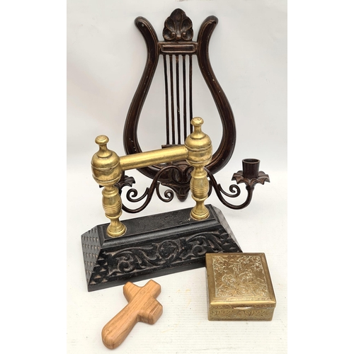 365 - Parcel of Collectable Items Includes Brass Box Wall Mounted Musical Themed Candelabra Wooden Cross a... 