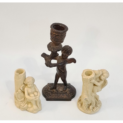 387 - Cast Bronze Candlestick in The Form of a Winged Cherub Holding Aloft a Branch With The Candle Holder... 