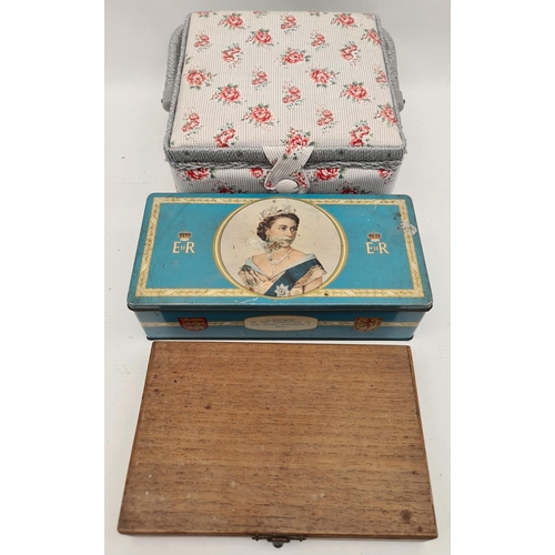 393 - 3 x Vintage Sewing Basket Tin and Box. The sewing basket measures 8 inches square by 4 inches tall. ... 