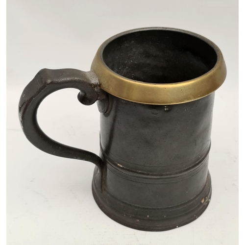 433 - Antique George Farmiloe of London Victorian Quart Pewter Tankard With Brass Rim. Full touch marks to... 