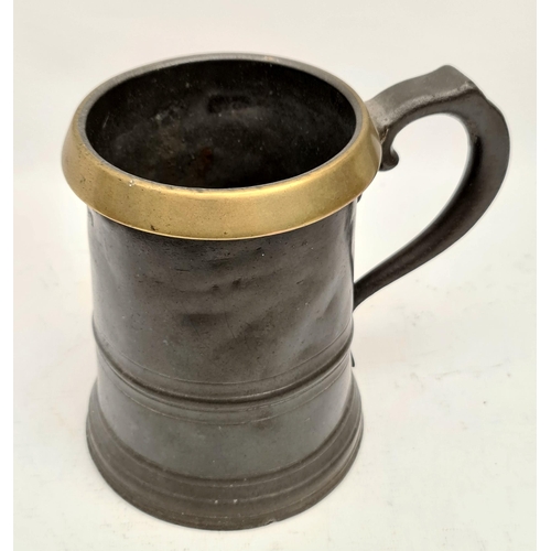 433 - Antique George Farmiloe of London Victorian Quart Pewter Tankard With Brass Rim. Full touch marks to... 