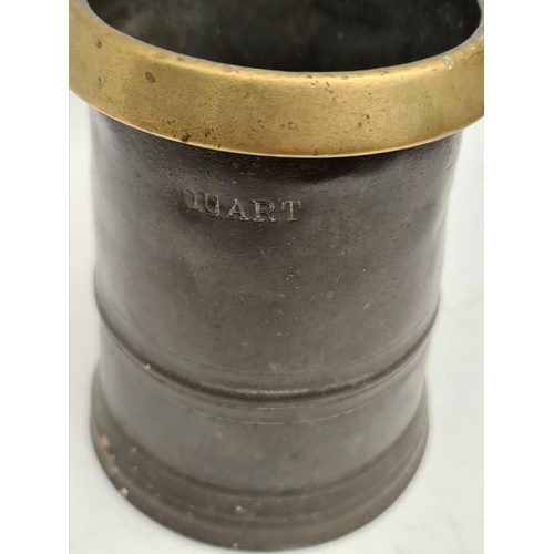 433 - Antique George Farmiloe of London Victorian Quart Pewter Tankard With Brass Rim. Full touch marks to... 