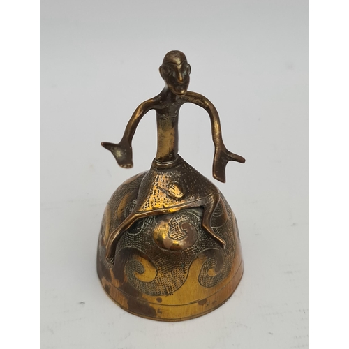 435 - Antique African, Possibly Ashanti, Brass Bell With Figures Sitting on Top of It. Measures 9.5cm tall... 