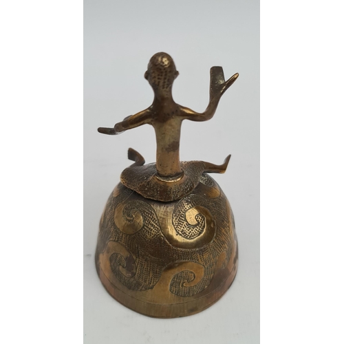 435 - Antique African, Possibly Ashanti, Brass Bell With Figures Sitting on Top of It. Measures 9.5cm tall... 