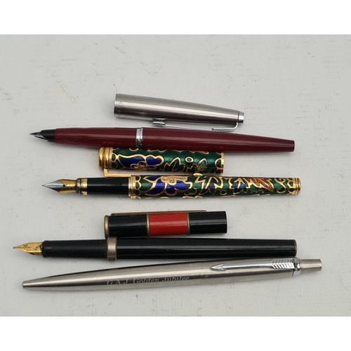 444 - Parker 45 Fountain Pen Maroon in Colour Plus A Parker Ball Point Pen and Two Other Fountain Pens. Sh... 