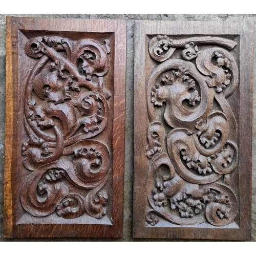 451 - Pair of Antique Hand Carved Wooden Oak Panels. Each measures 45cm long 2cm thick and 25cm wide. Ship... 