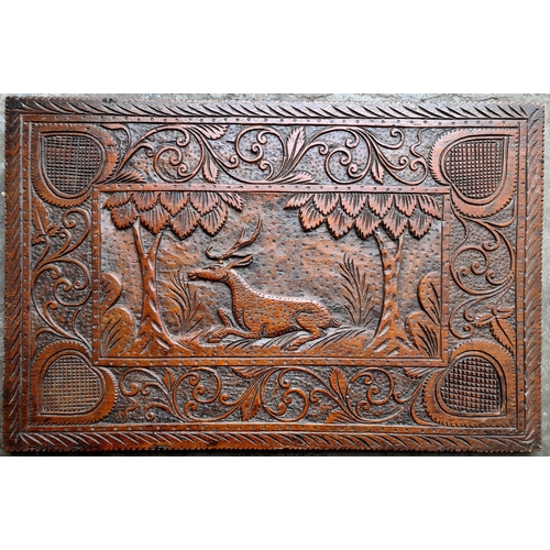 452 - Vintage Carved Wooden Panel With Stag Deer in The Centre Four Hearts One In Each Corner and Vines Ar... 