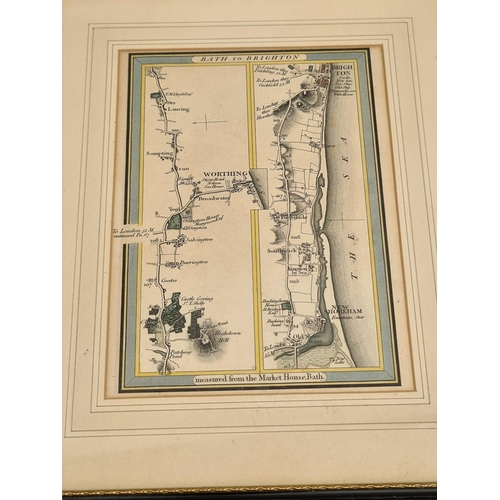 137 - Antique Framed Map Engrave Printed and Coloured Bath to Brighton c1800's. Possibly a plate from a bo... 