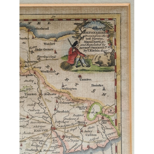 140 - Antique Framed Engrave Printed and Coloured Map of Devonshire by Thomas Kitchen. Believed to be from... 