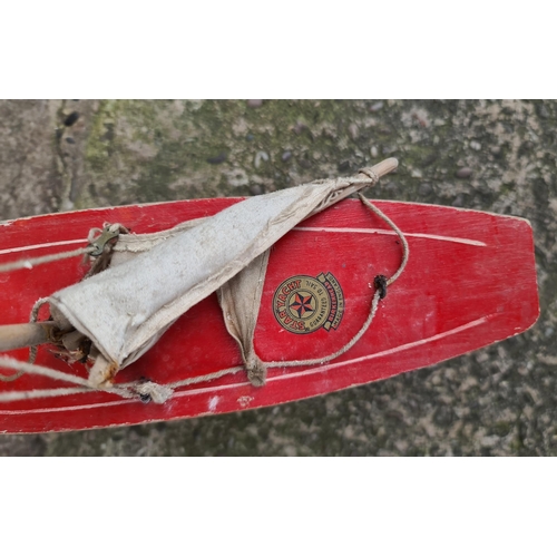 152 - Vintage Wooden Red Star Yacht Pond Sailing Yacht. Birkenhead Liverpool c1950's. Measures 32cm tall b... 