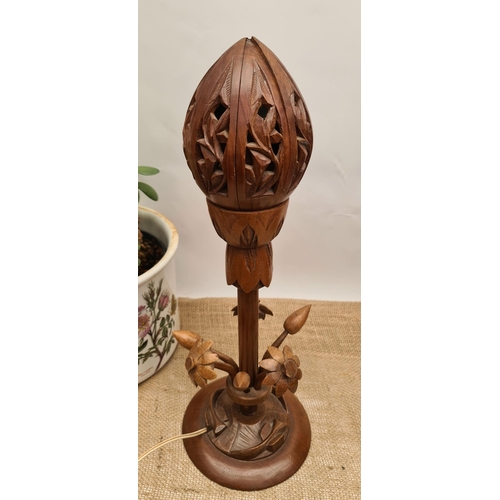 178 - Vintage Teak Lotus Flower Table Lamp. With Stylised Fish Carvings on The Base. Measures 40cm tall. S... 