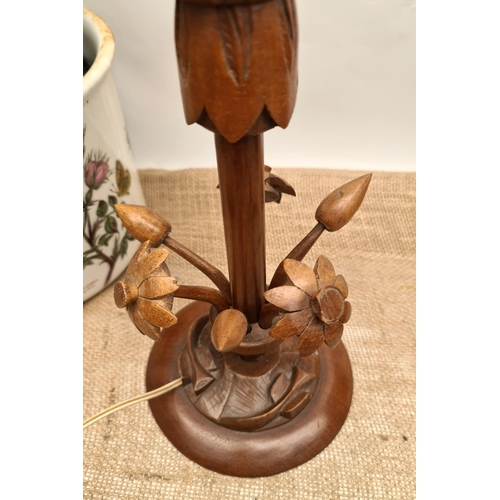 178 - Vintage Teak Lotus Flower Table Lamp. With Stylised Fish Carvings on The Base. Measures 40cm tall. S... 