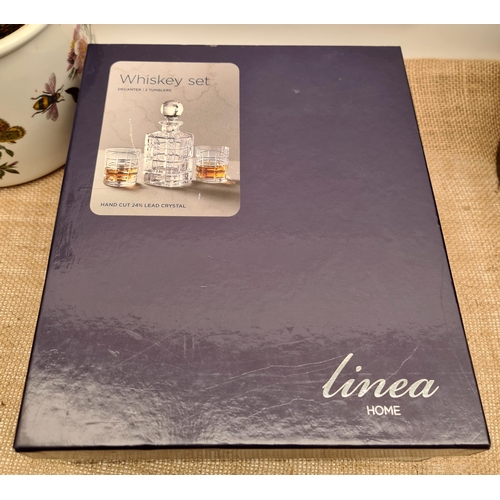 18 - Vintage Linea Home Glass Whisky Decanter and Two Tumblers in Presentation Original Box. Shipping is ... 