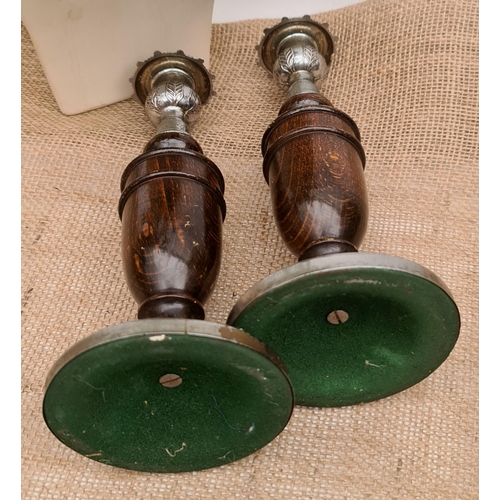 194 - Antique Pair of Oak and Chrome Candlesticks. They measures 23cm tall. Shipping is available. Please ... 