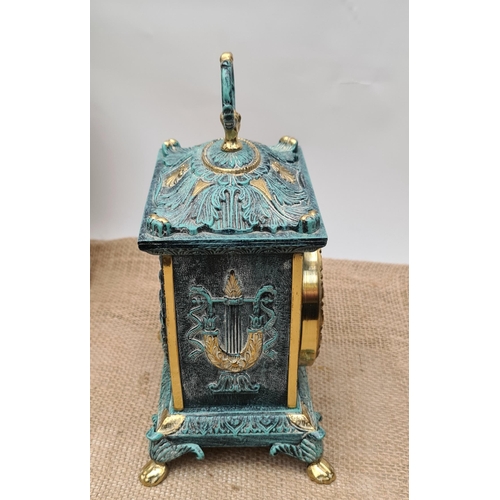 208 - Vintage Brass Verdigris Quartz Carriage or Mantle Clock. Measures 24cm tall by 15cm wide by 10cm dee... 