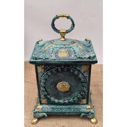 208 - Vintage Brass Verdigris Quartz Carriage or Mantle Clock. Measures 24cm tall by 15cm wide by 10cm dee... 