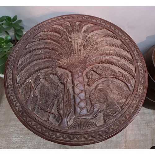 219 - West African Nigeria Carved Topped Stool. Hand Carved With Birds Elephant and Palm Tree. Signed on U... 