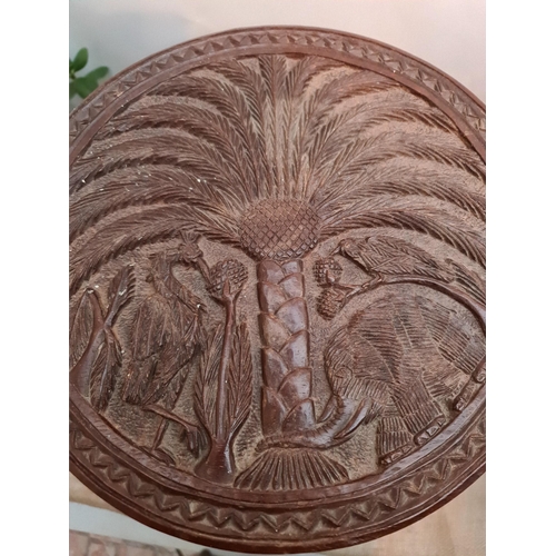 219 - West African Nigeria Carved Topped Stool. Hand Carved With Birds Elephant and Palm Tree. Signed on U... 