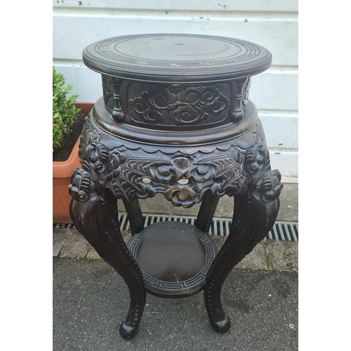 220 - Antique Oriental Jardiniere Style Ebonised Table. Carvings of Stylised Dogs On The Legs. Measures 45... 