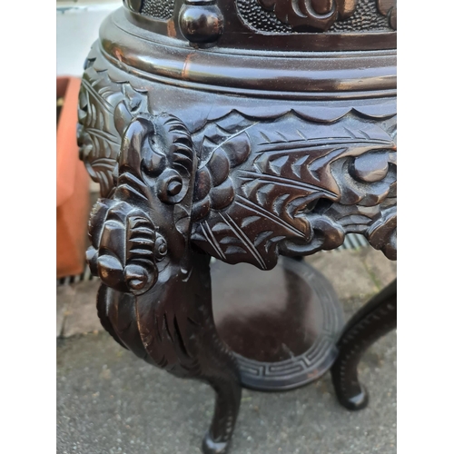 220 - Antique Oriental Jardiniere Style Ebonised Table. Carvings of Stylised Dogs On The Legs. Measures 45... 