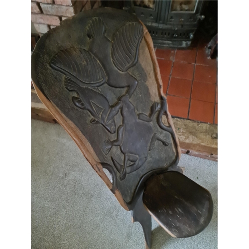 236 - Antique West African Hand Carved Wooden Birthing Chair. Stylised Circle of Life Carvings Depicting a... 