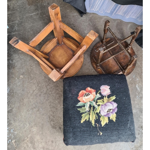 238 - Three Assorted Vintage Stools. Includes flower tapestry stool. The largest measures 28cm by 25cm by ... 