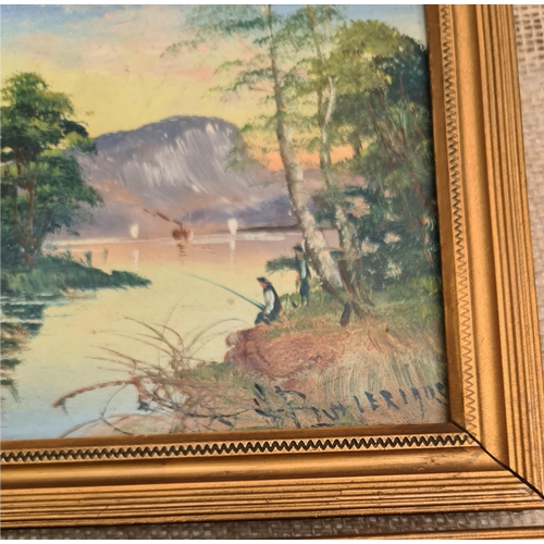 255 - Art Two Framed Oil Paintings on Board Dated 1903 Country Fishing Scene. Possibly Continental. Signed... 