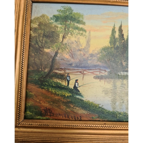 255 - Art Two Framed Oil Paintings on Board Dated 1903 Country Fishing Scene. Possibly Continental. Signed... 