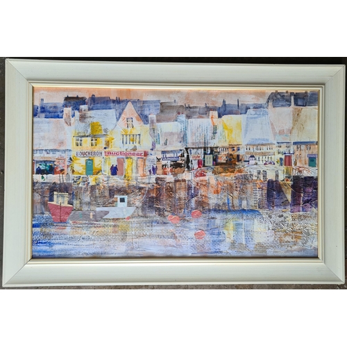 279 - Vintage Art Painting and Collage on Board French Harbour Scene With Shops. Measures 28 inches by 18 ... 