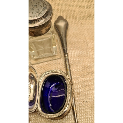 314 - Parcel of Sterling Silver Items. Includes Button Hook Silver Topped Perfume Bottle and Mustard. Hall... 