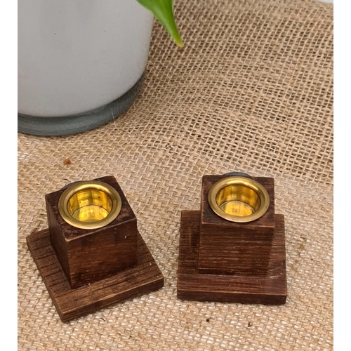 33 - Vintage 2 x Omega and Oak With Brass Pots Inkwells. Each Measures 4.5cm tall by 5cm square. Shipping... 